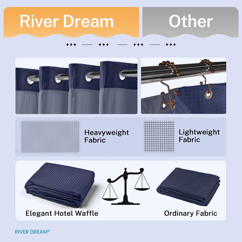 River Dream Heavyweight No Hooks Required Dotted Waffle Weave Shower Curtain with Snap in Liner -Extra Long 71W x 86H,Hotel Grade,Spa Like Bath Curtain,Navy - Image 4